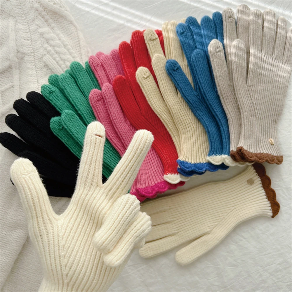 

Утепленные вязаные перчатки унисекс, зимние теплые варежки с сенсорным экраном, уличные ветрозащитные велосипедные аксессуары, кружевные перчатки одного цвета