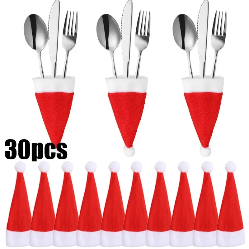 30/1Pcs Mini Christmas Cutlery Holder Wine Bottle Cover Santa Hats Knife Fork Tableware Bags Xmas Party Dinner Table Decoration