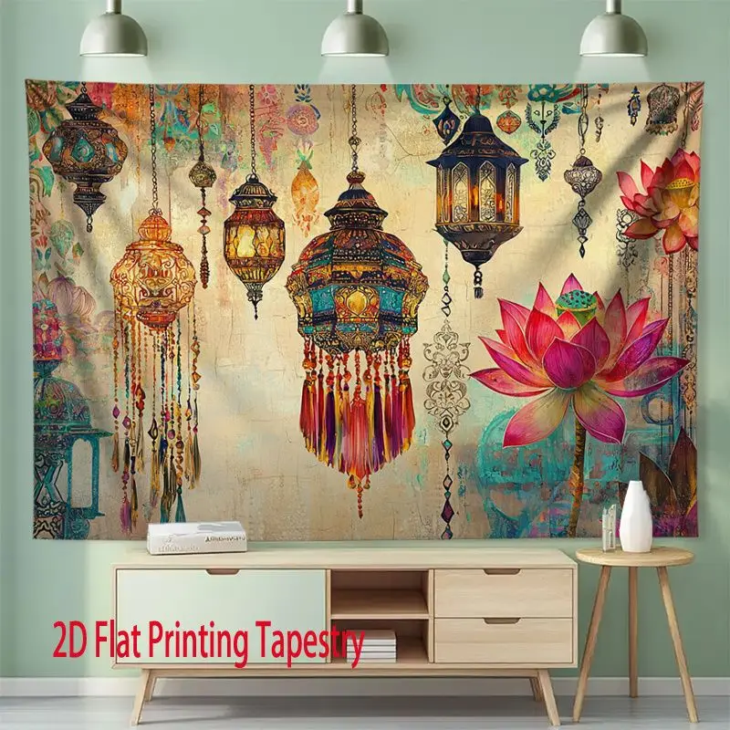 VIKAMA Bohemian Lantern Lotus Tapestry, Vintage Exotic Chandelier Floral Wall Hanging, Bedroom And Living Room Home Decoration