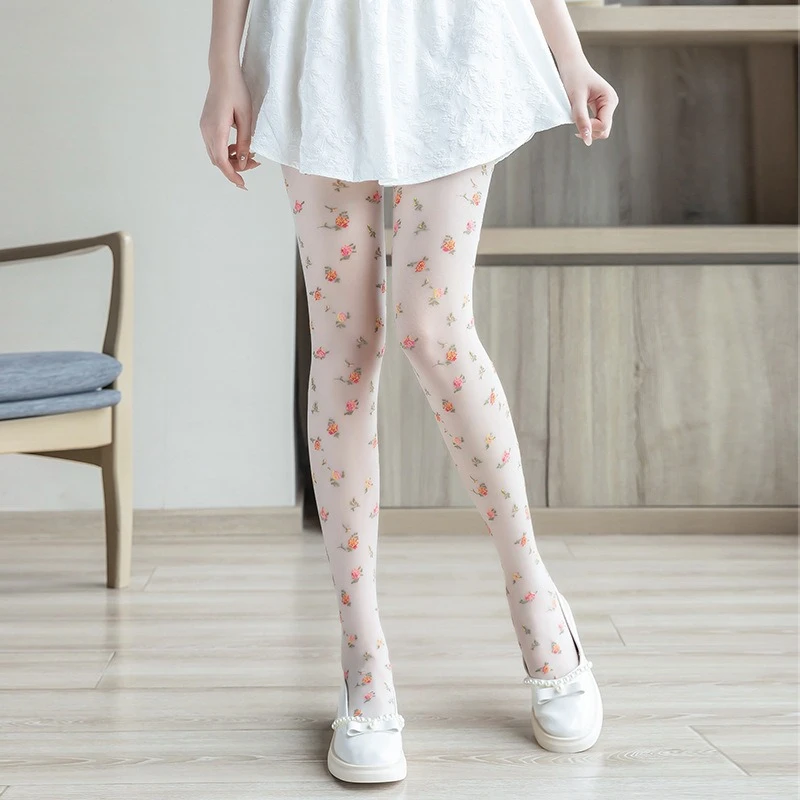 Floral Print Women Tights Sweet Flowers White Pantyhose Cosplay Lolita Basic Bottomed Stockings Janpanese Style Woman Tights