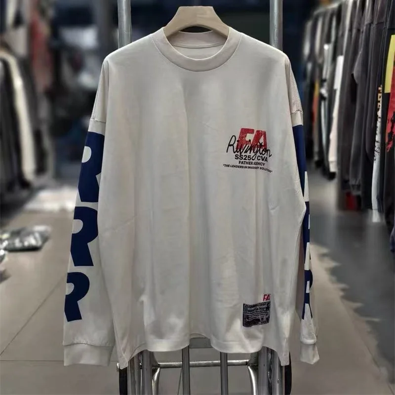 

Бетонная белая модная футболка большого размера с граффити и алфавитом RRR123, футболка с длинными рукавами High Street для мужчин и женщин, футболка из 100% хлопка