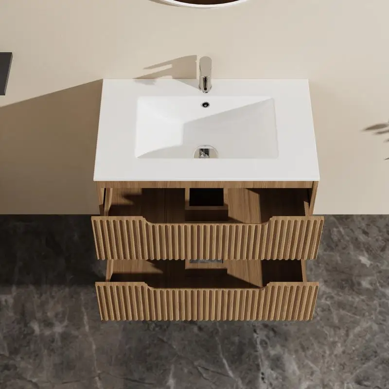 مجموعة حوض الحمام المثبت على الحائط مقاس 30 بوصة، وخزانة عائمة مع نظام إغلاق ناعم، ودرجين كبيرتين، ولمسة نهائية من خشب الجوز #5