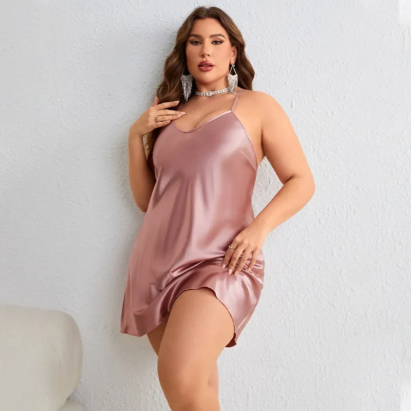 Plus Size Silk Satin Women Nightgown Solid Sleeveless Cross Back Sleepwear Sexy V Neck Female Nightwear Homwear Clothing