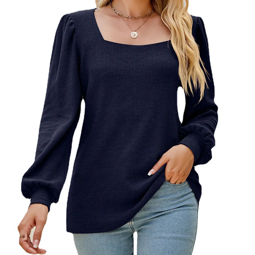 

T-shirt for Women Autumn and Winter New Square Neck Pleated Bubble Sleeve Loose Casual Solid Color Blouse