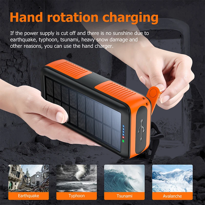 Hand Crank Solar Power Bank 20000mAh Built in Cable Fast Charger Powerbank for iPhone 16 15 Samsung S24 Huawei Xiaomi Poverbank