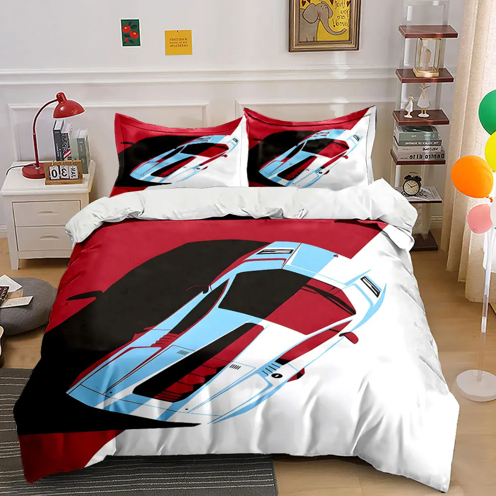 Abstract sports car illustration on red-white Bedding Set for Kids Luxury Gift 3pcs Digital Print Comforter Set Soft Breathable