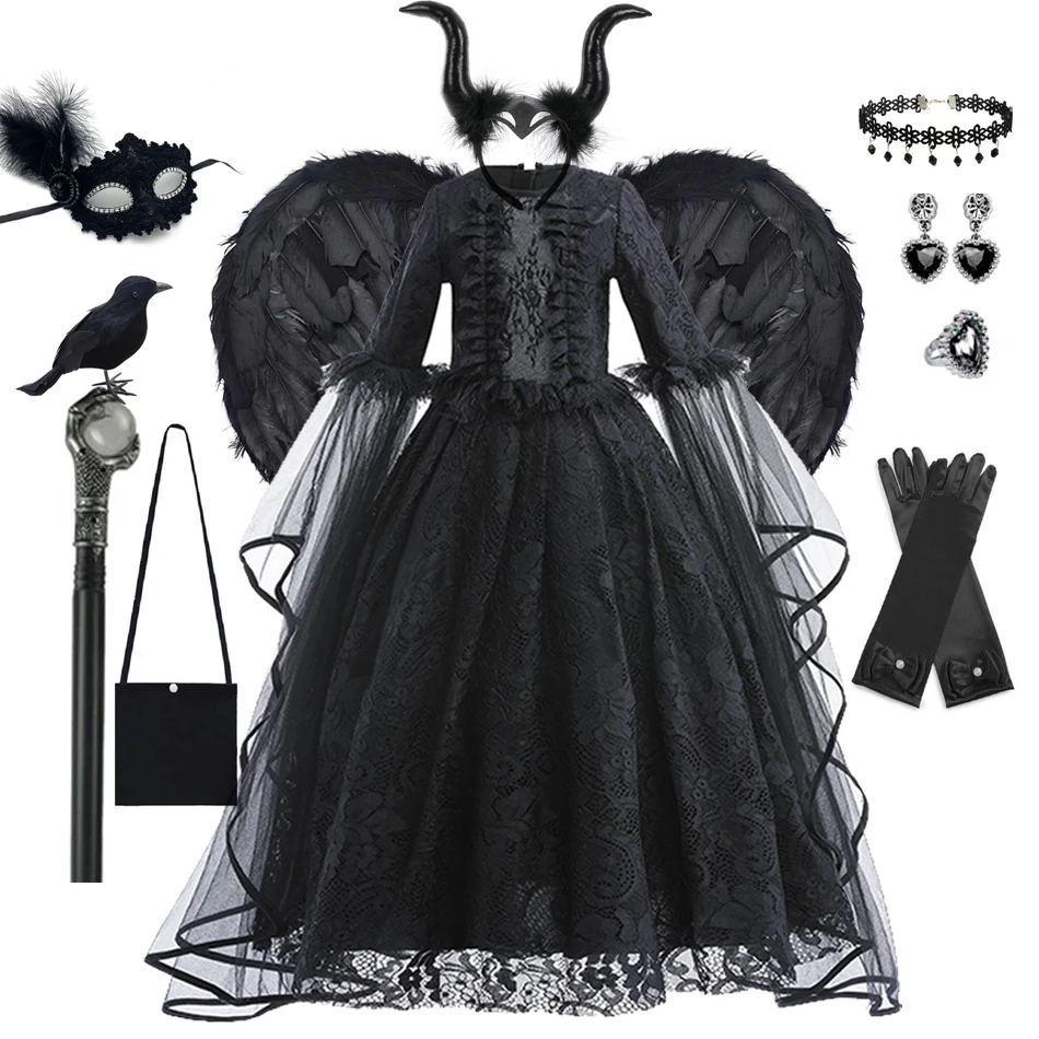 

Halloween Witch Dress For Girls Black Evil Queen Cosplay Princess Costume Lace Ruffles Kids Outfits Carnival Frocks