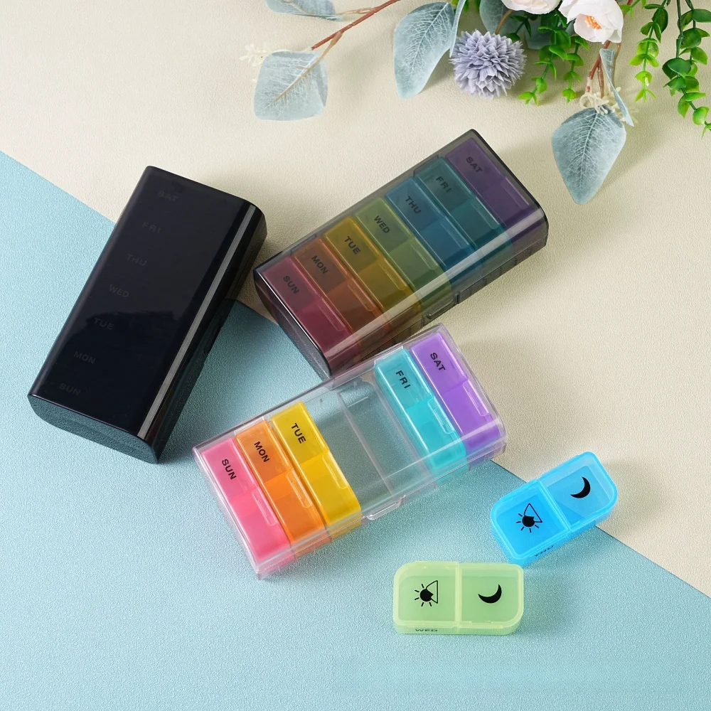 منظم أدوات حبوب أسبوعي محمول ساخن جديد Premuim 2 مرات في اليوم صندوق 14 شبكة تخزين يومي لمكملات الفيتامينات زيوت السمك #1