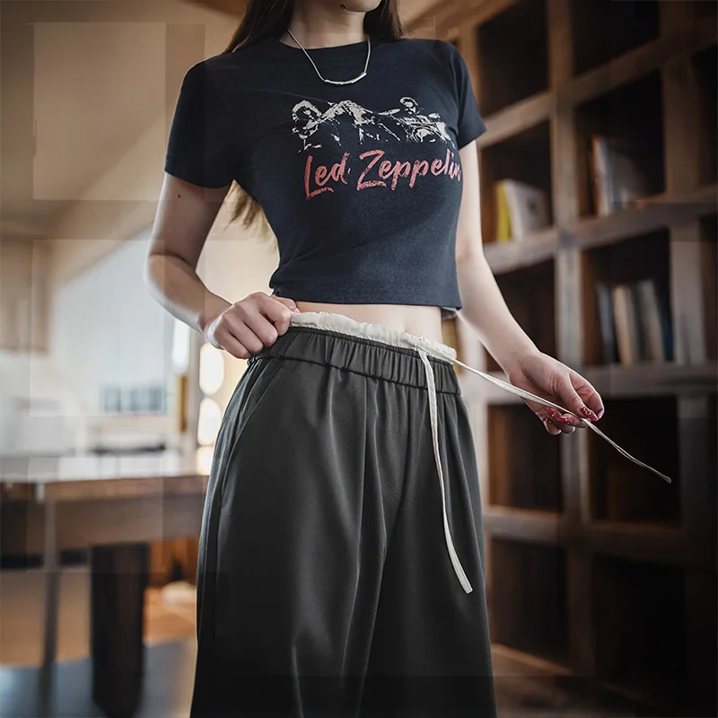 Maden Pantalones de retales de pierna ancha para mujer, cintura elástica negra con cordón, pantalones de vestir de oficina transpirables para verano