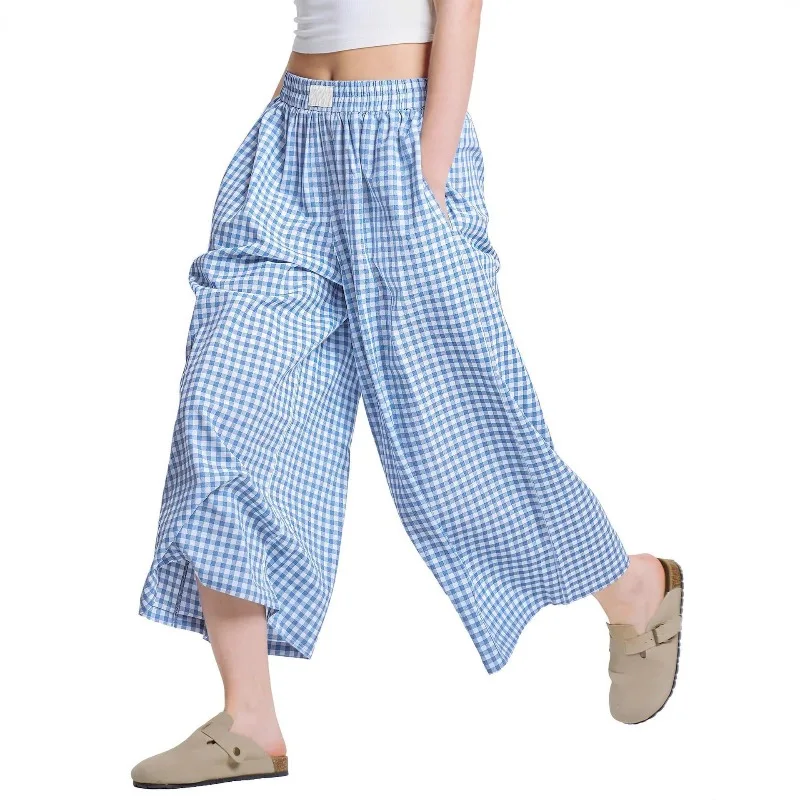 Women's Casual Plaid Wide Leg Pants Summer New Loose Slimming Lazy Long Trousers Comfortable Loose Fit High Waist Pants 2025