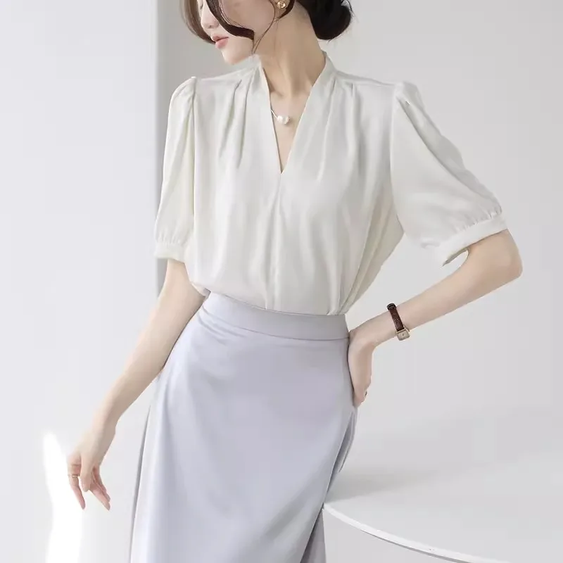 

2025 Fashion Summer Short Sleeve V-Neck Women Blouse White Blouse Shirt Women Tops Blouses Shirts Blusas