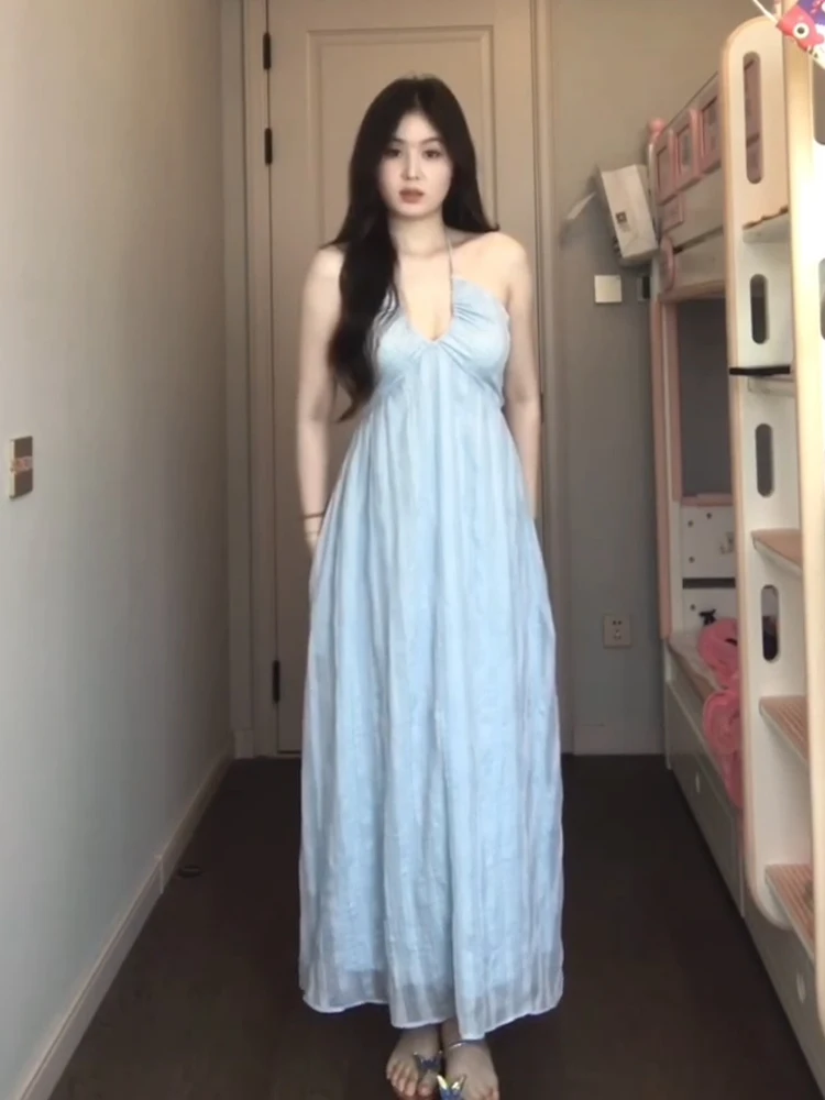 

Summer Large Size Women's Dress Neck Hanging Strap Beach Backless A-Line Skirt Casual High Waist Korean Style V-Neck Long Dress