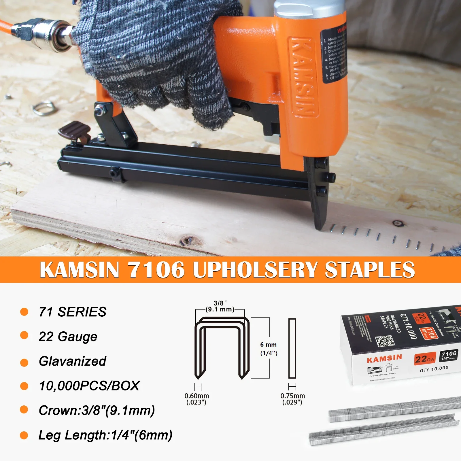 7106/7110 Upholstery Staples, 10000PCS/BOX, Galvanized, Type 71, 3/8 Crown, Works with 7116 Pneumatic Upholstery Stapler