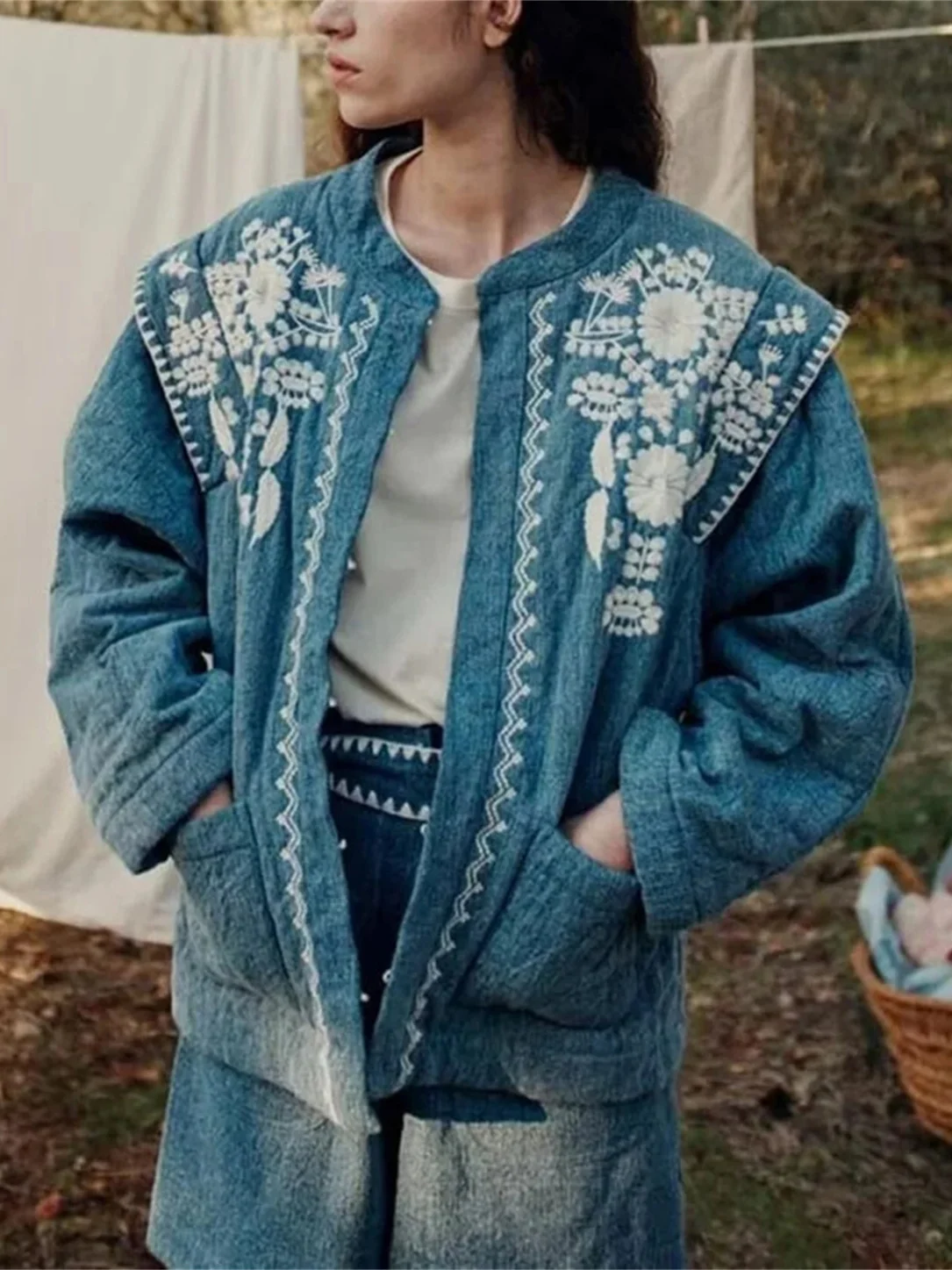 Faionable rond Ne Long Sve imprimé Denim couleur coton Jaet femmes automne hiver nouveau Sle ethnique Sle vêtements d'extérieur