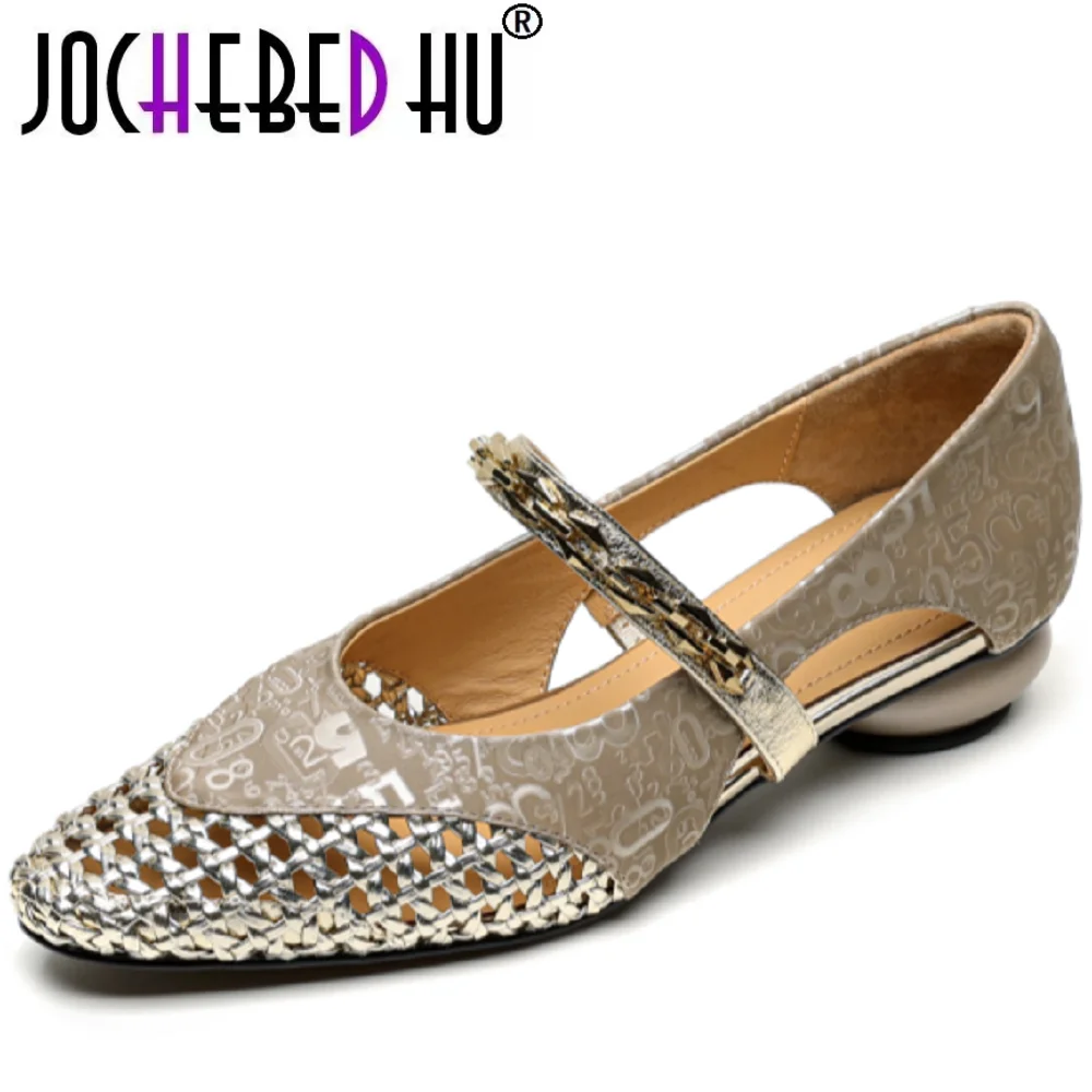 

【JOCHEBED HU】летняя обувь ручной работы из натуральной кожи с металлическими украшениями, разноцветные туфли с эластичной лентой, полые туфли с неглубоким носком, размеры 34-40