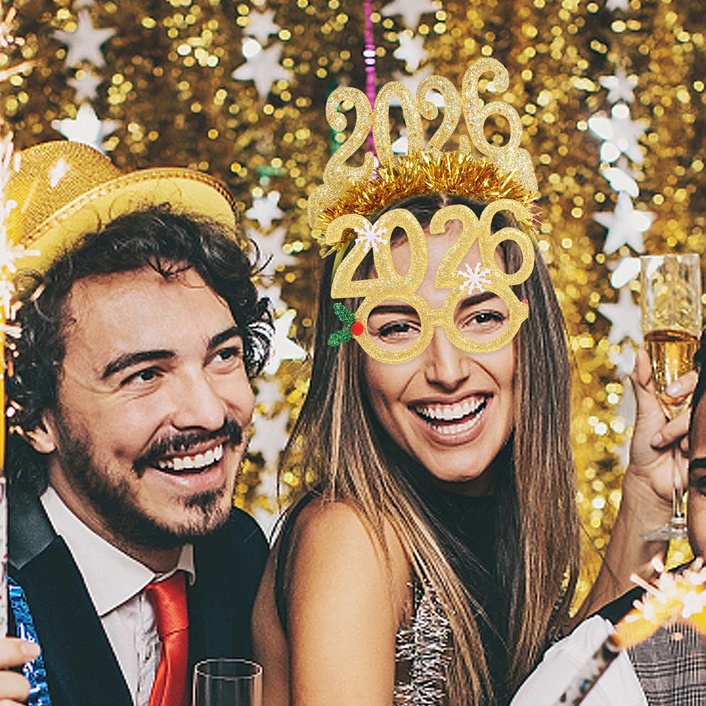 

4PCS New Year Headbands Glasses Happy New Year 2026 Eyeglasses Glitter Tinsel Headband for Christmas Holiday Parties Supplies