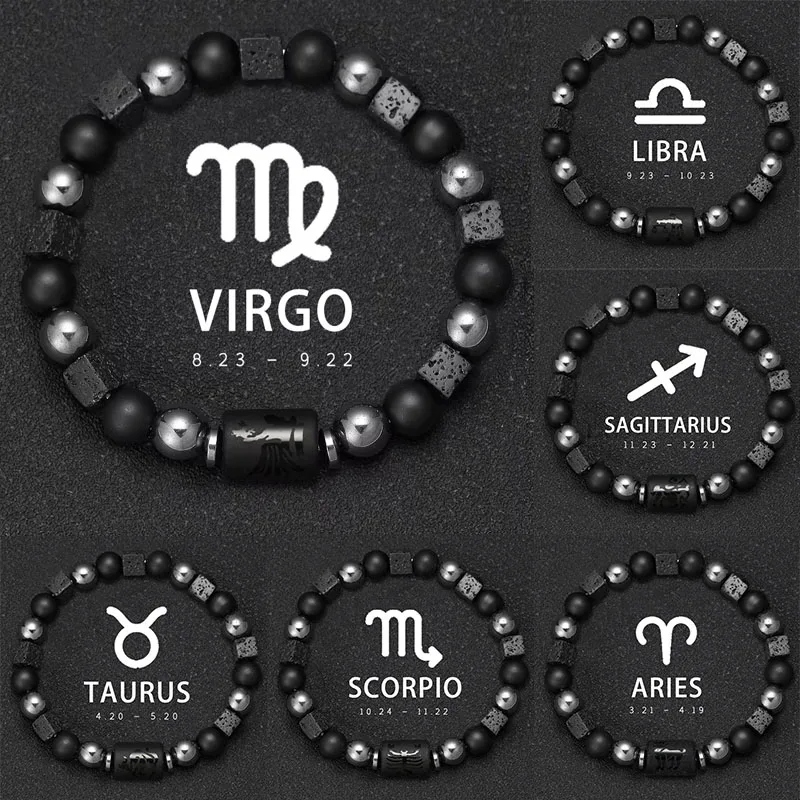 

Natural Volcanic Stone 12 Zodiac Bracelets Men's Bracelets Aquarius Sagittarius Cancer Aries Pisces Gemini Libra pulsera hombre