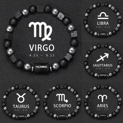 Natural Volcanic Stone 12 Zodiac Bracelets Men's Bracelets Aquarius Sagittarius Cancer Aries Pisces Gemini Libra pulsera hombre
