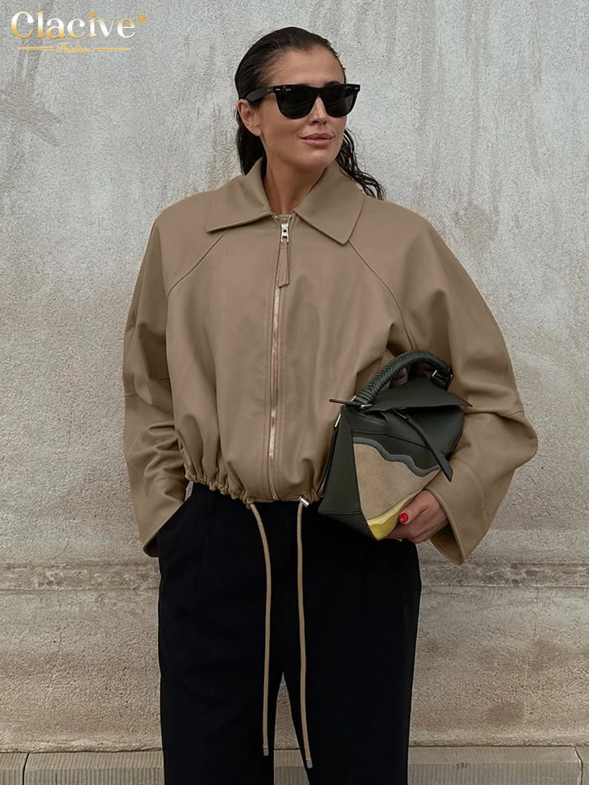 

Clacive Fahsion, свободное женское пальто цвета хаки, зима 202, женские пальто с лацканами и длинными рукавами, элегантный классический однотонный топ, женская одежда