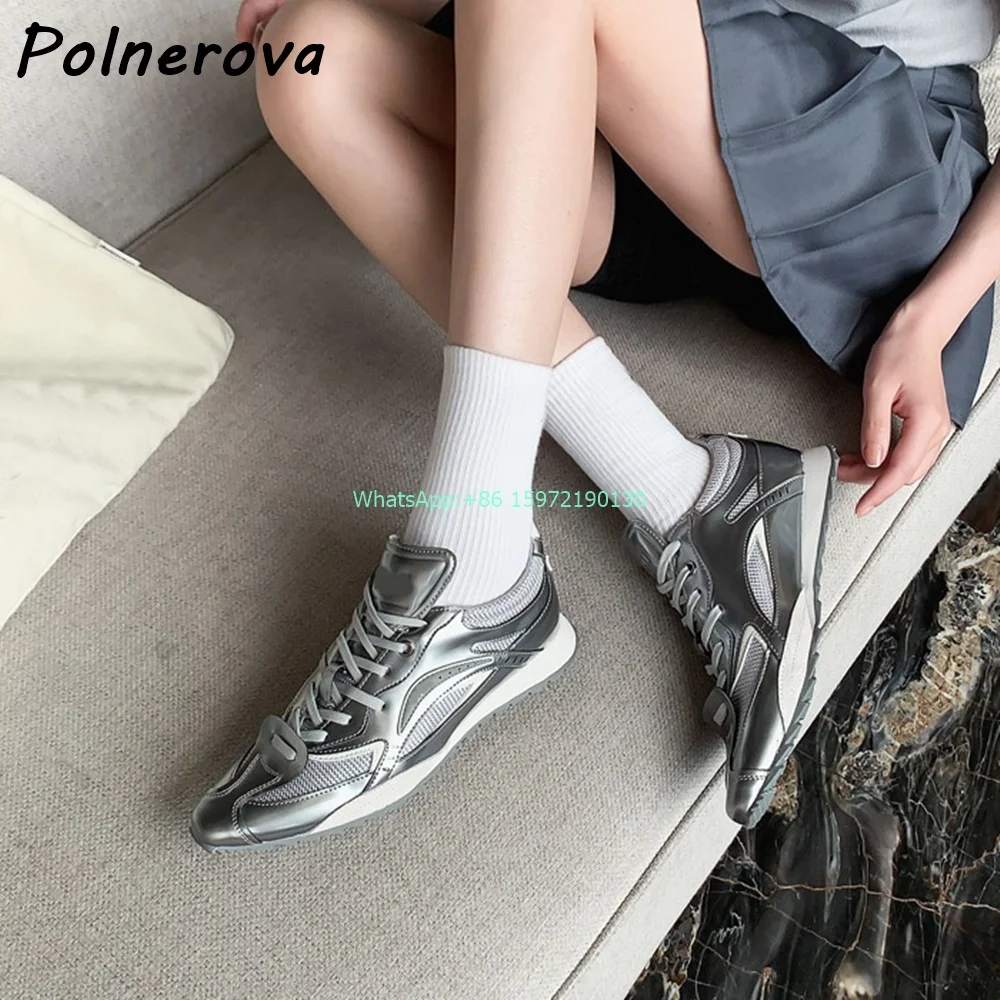 Pointy Toe Leisure Sneakers Patchwork Silvery Cross Tied Flat with Pumps New Fashion High Increase Ladies Casual Cool Shoes