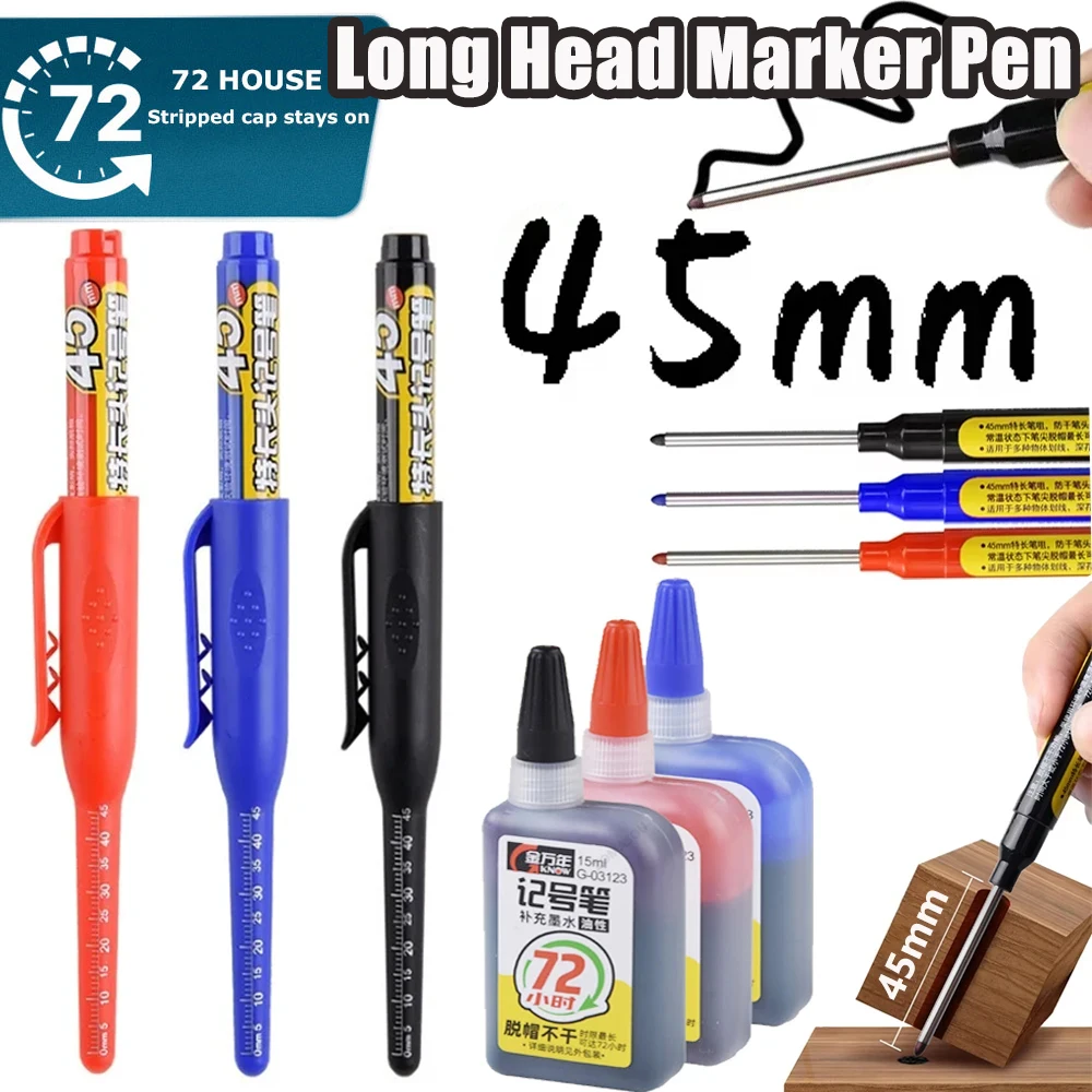 

2Pcs/set New High-Quality 45Mm Black Blue Red Deep Hole Long Head Woodworking Marker Pen Oily Quick-Drying Does Not Fade