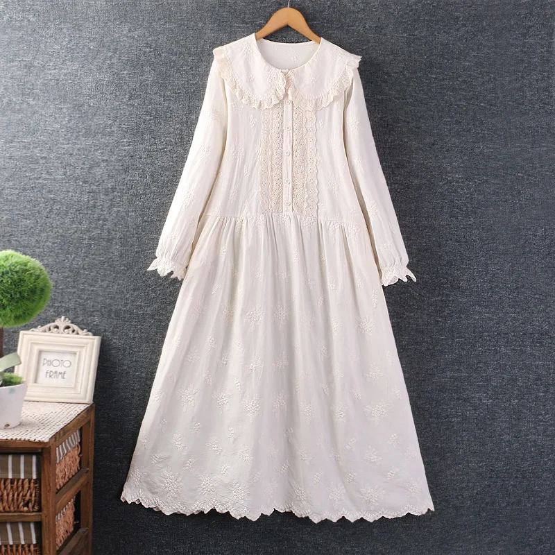 

Sweet Lolita Mori Girl Lace Embroidery Cotton Linen Midi Dress Women Autumn Peter Pan Collar Long Sleeve Loose A-line Dresses