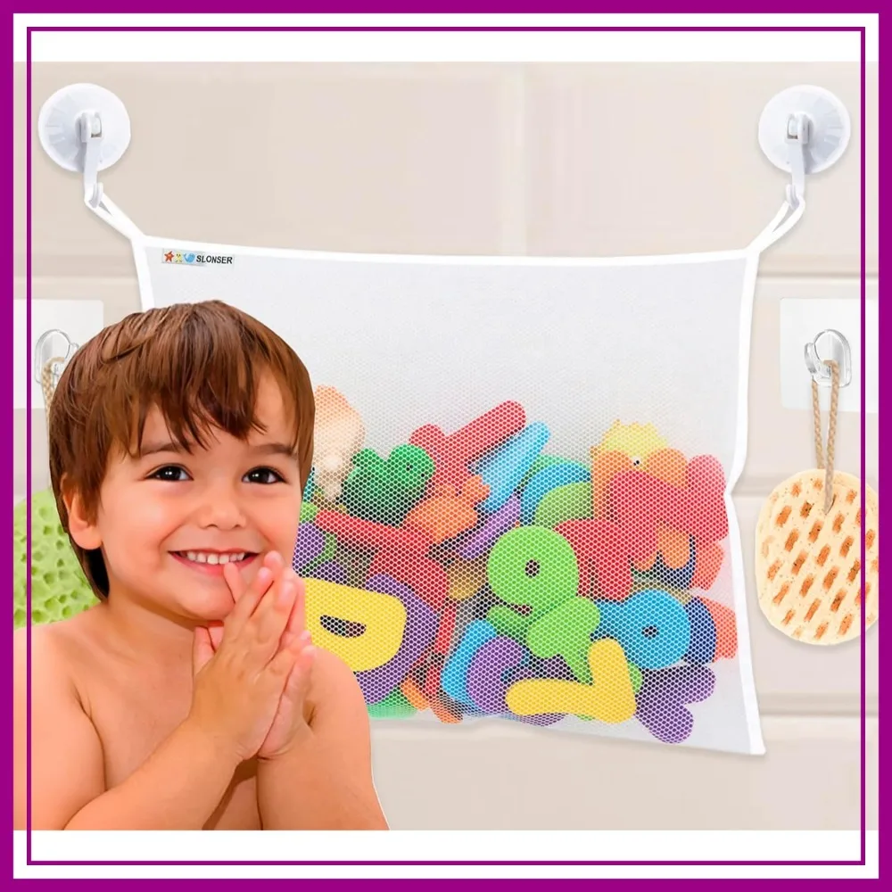 

Bath Toy Net 18x16 Inch Mesh Holder for Tub, Shower Caddy with Suction Cups & Hooks, Bathroom Storage Organizer