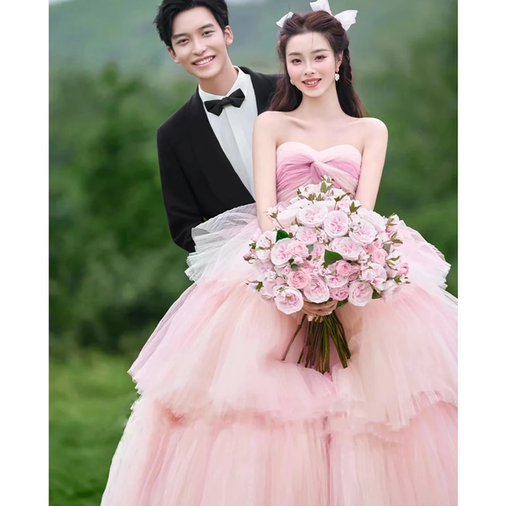 Customized Pink Ball Gown Wedding Dresses Sleeveless Tulle Tiered Bridal Gowns Formal Occasion Vestido De Noiva robe de mariée