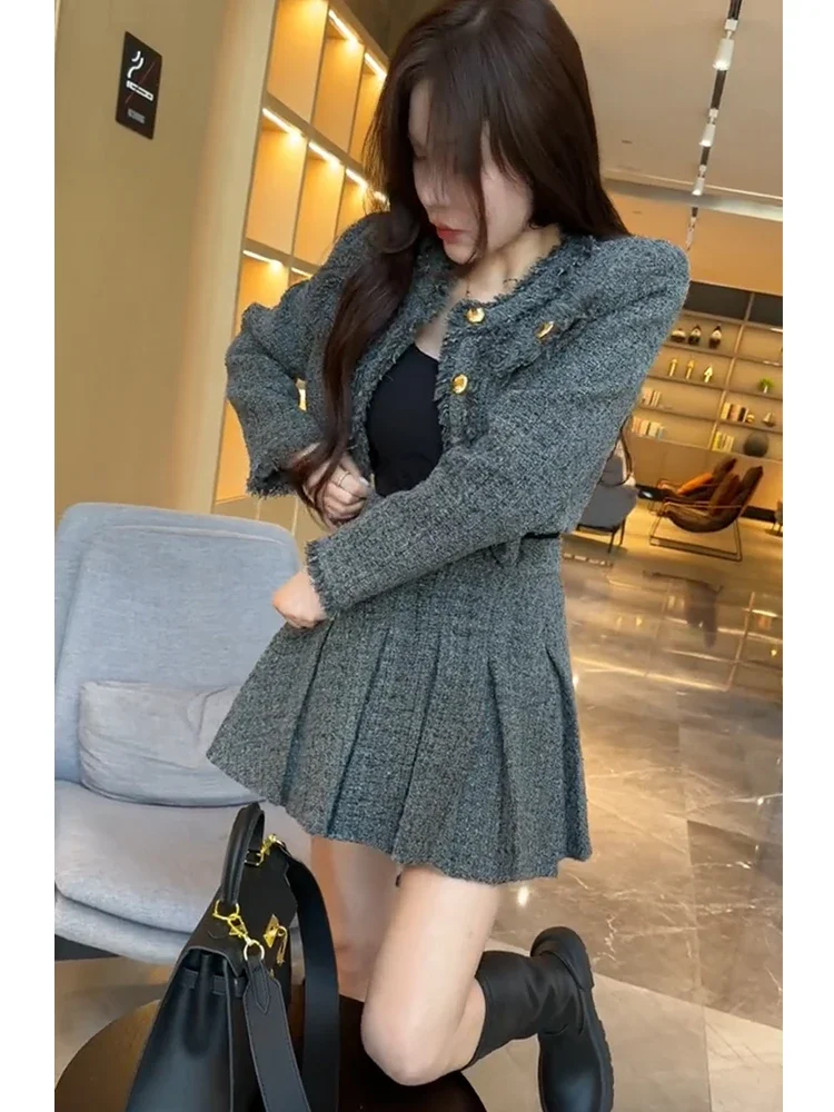 Elegant Tweed Short Coat Women\'s Fashion Set: 204 Spring Autumn New Refined High-waisted Skirt Two-piece Outfit Female Lady Coat