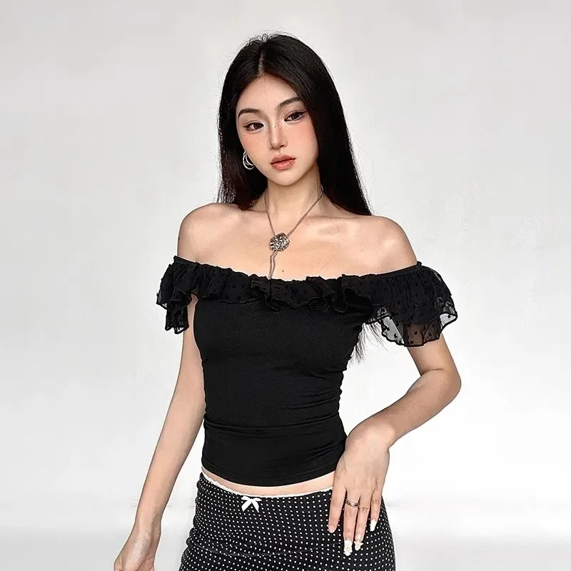 Women's Black Ruffle Trim Crop Top Swiss Dot Mesh Cap Sleeve  Neck Fitted Slim Fit Y2K Coquette Top - view 4
