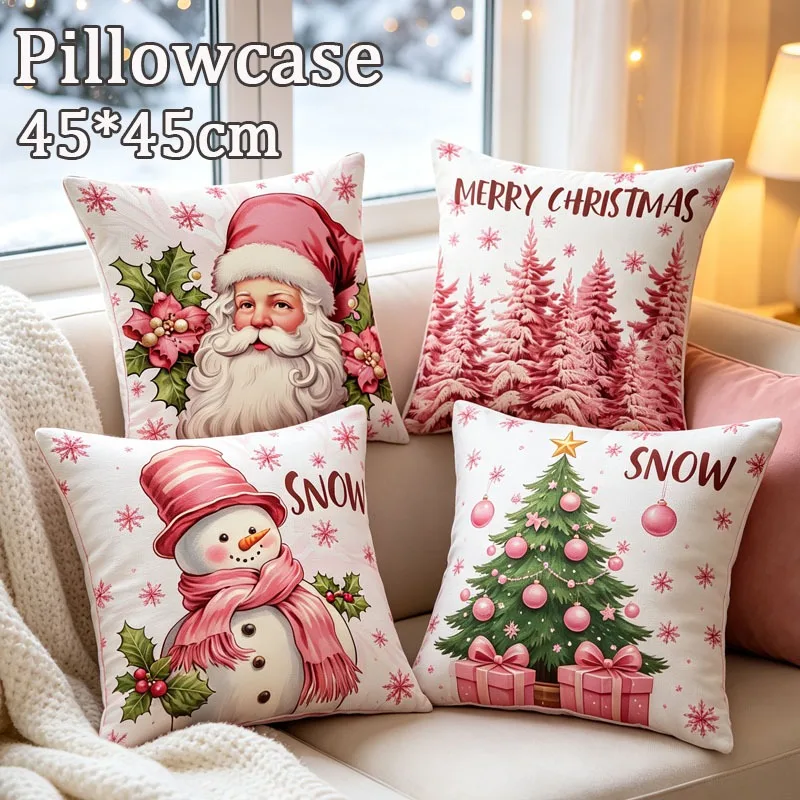 1-4PCS Christmas Reindeer Pillow Covers Set Square Linen Printed Sofa Cushion Cases Washable Removable Home Decorations