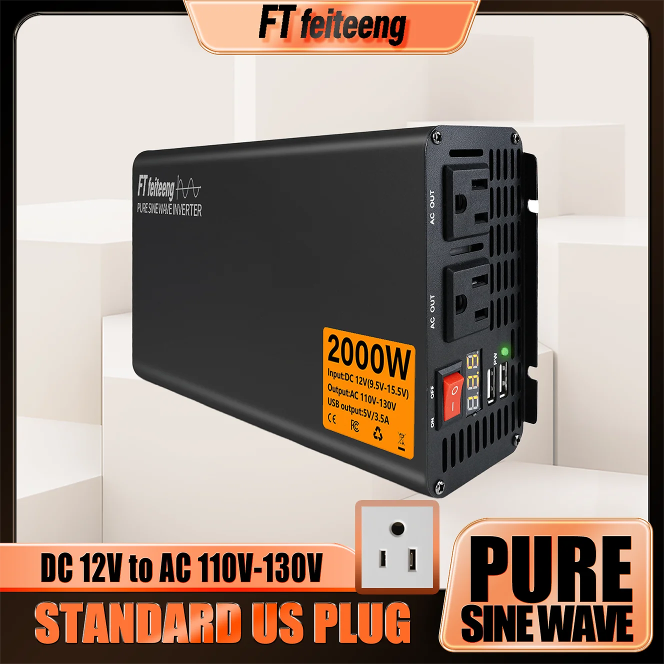 

FT feiteeng 2000W Pure Sine Wave Inverter 12V to 110V US Plug for Caravan Marine Boat with LCD Display Overload Protection