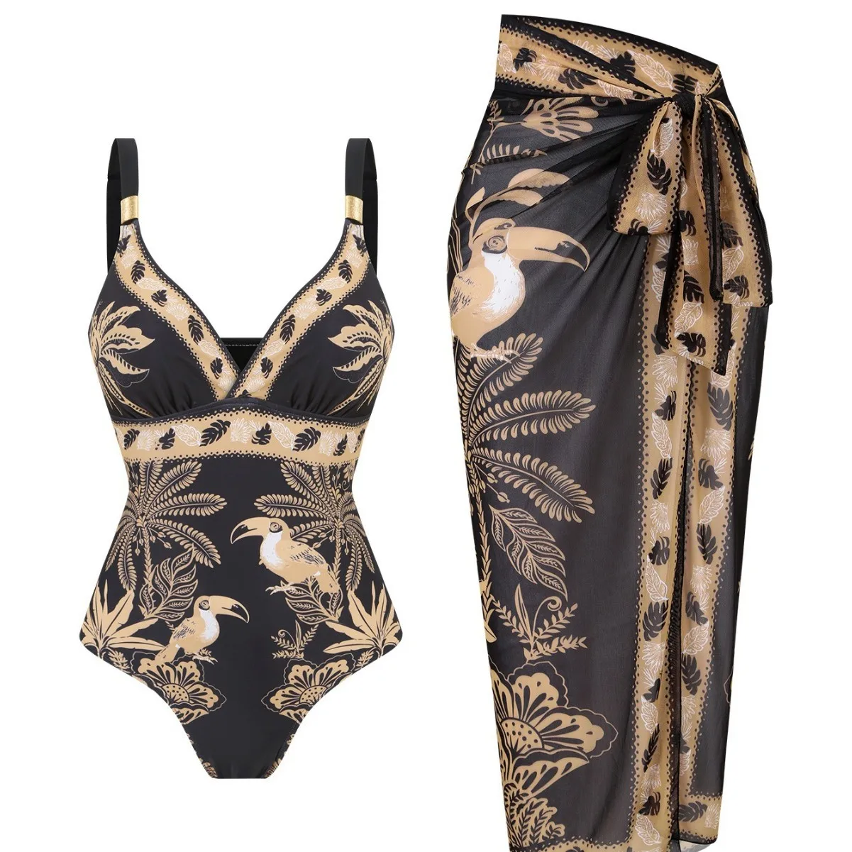 Women 2‑Piece Tropical Bird Print One‑Piece Swimsuit Set Wrap Tie Long Cover‑Up Skirt Beach Bathing Suit Resort Swimwear Outfit