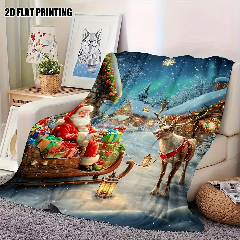 1pc a 2D Printed Christmas Blanket That Is Gentle on The Skin, Featuring a Santa Sleigh And a Christmas Village Scene. Made from