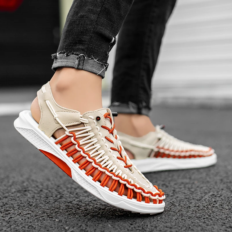 2023 Summer Men\'s  Sandals Lace Up Hand Woven Sandals Thick Soled Soft Non Slip Casual Shoes High Quality Couple Beach Shoes