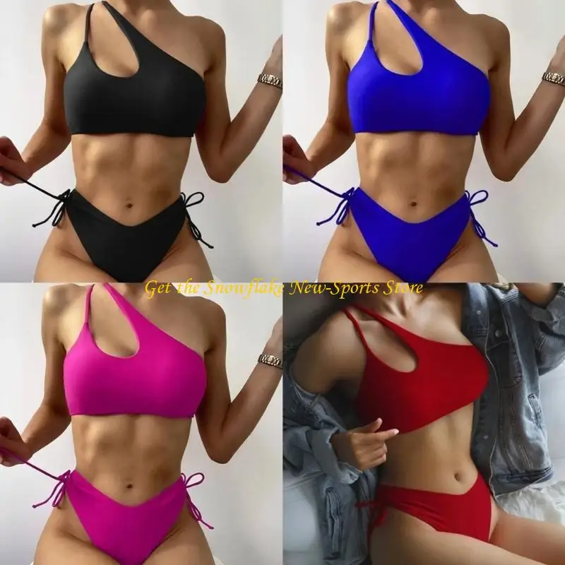 E56D Women 2 Pieces Swimsuits Ladies Shoulder Bikinis Set Girls High Cut Bathing Suit Solid Cutout Swimwear for Vacations