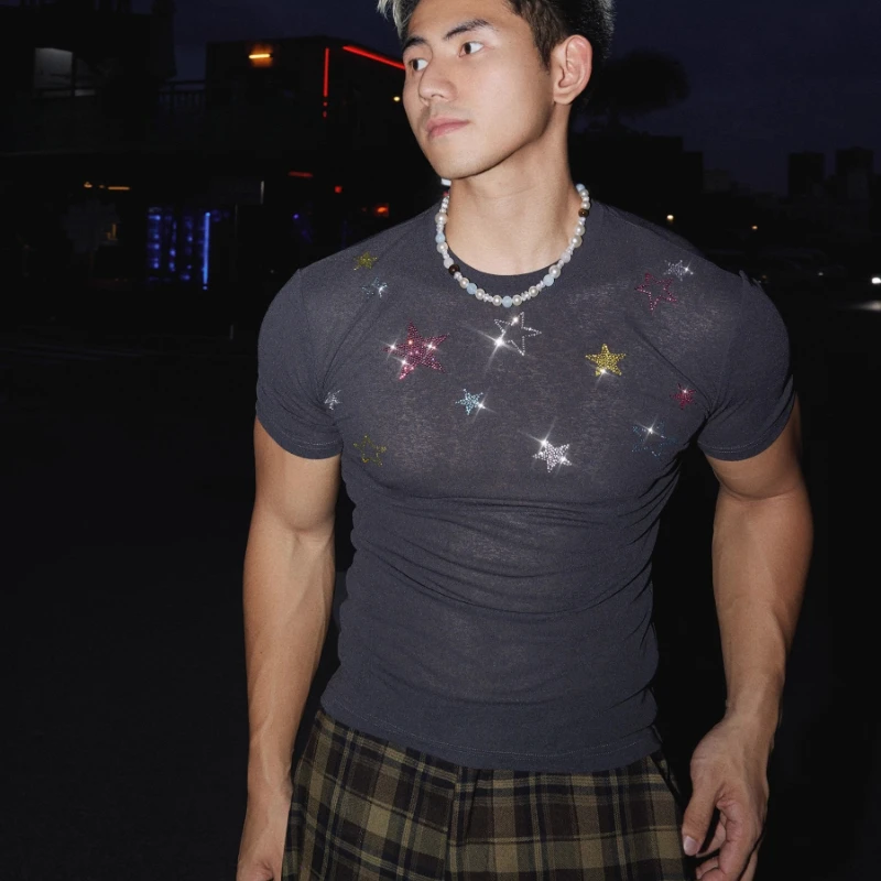 Men's 2025 Summer New BlingBling Hot Diamond Design Tees Slimming Short-sleeve Round Neck T-shirts Men's Handsome Very Cool Tops