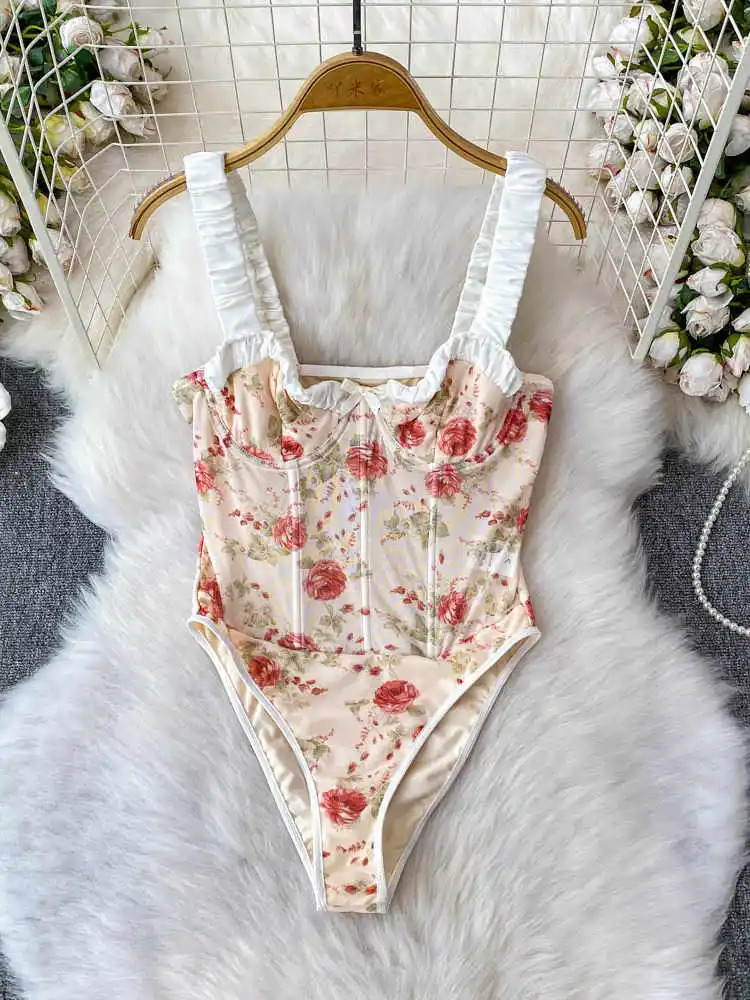 Women's Playsuits Vintage Overall Off Shoulder Skinny Flower Print Jumpsuits Exotic Sexy Rompers Coquette Clothing 2025 Summer