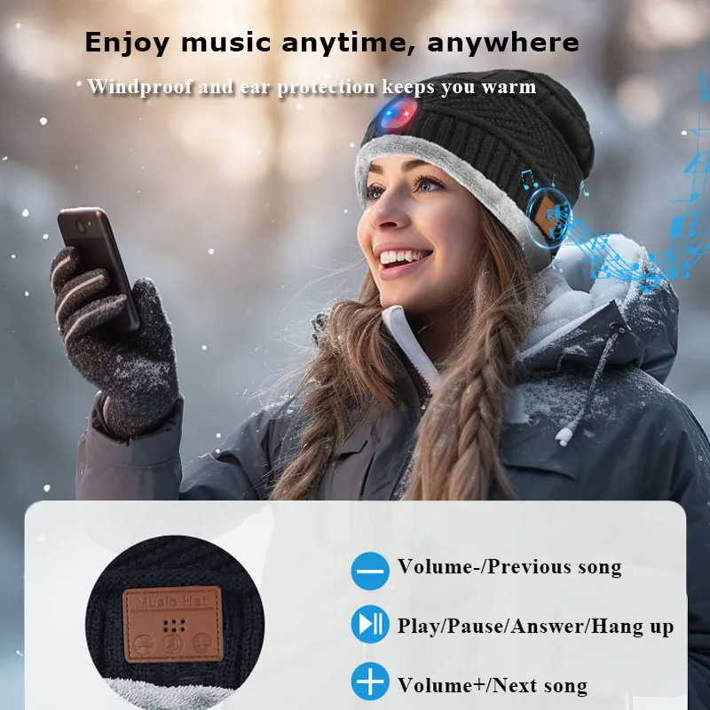 4in1 Winter Wireless Bluetooth Headphones Outdoor Sports Warm Music Headset Hat with Scarf LED Light Stereo Earphones with MIC