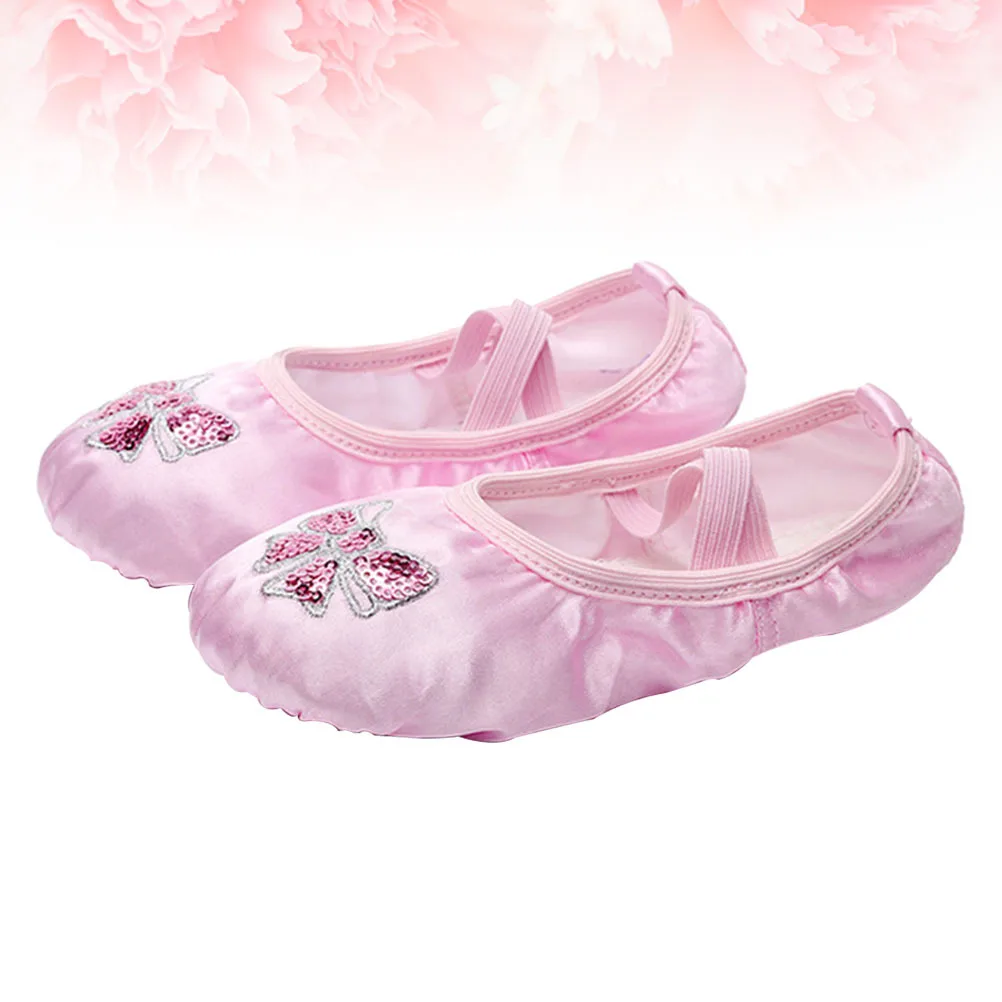 1 paio di ballerine in raso con cintura elasticizzata ricamata, scarpe da ballo con suola divisa antiscivolo per balletto con nastro rosa taglia 28