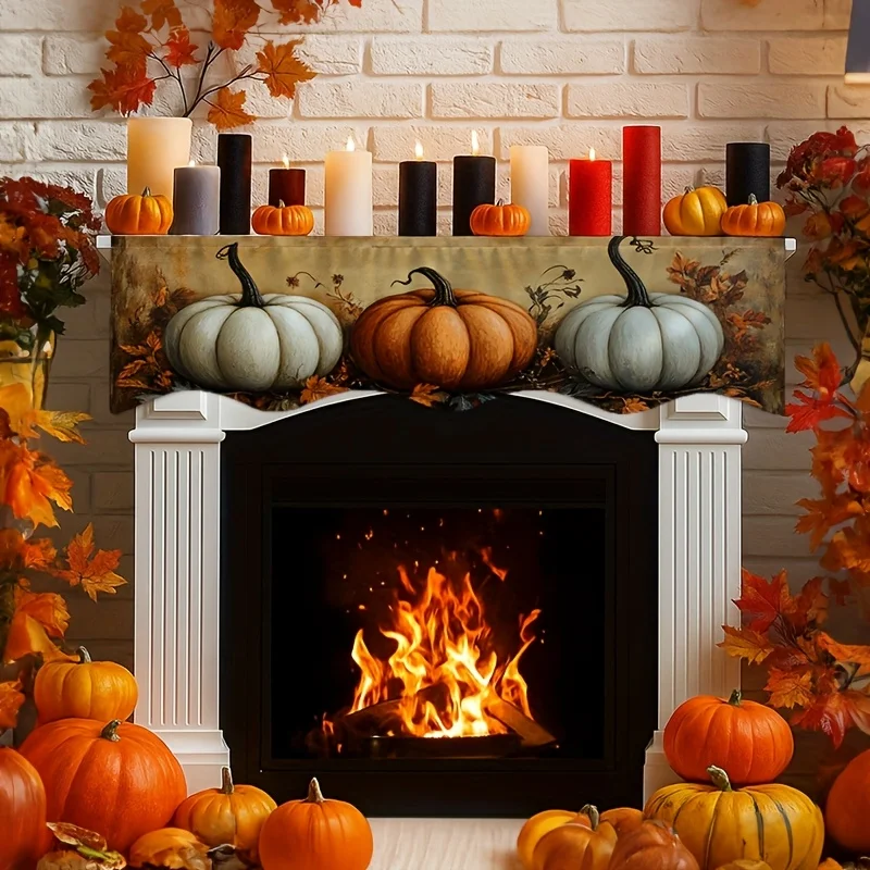 VIKAMA Fall Fireplace Mantel Scarf Vintage Pumpkin Mantel Topper Harvest Fireplace Shelf Cover Thanksgiving Home Indoor Decor