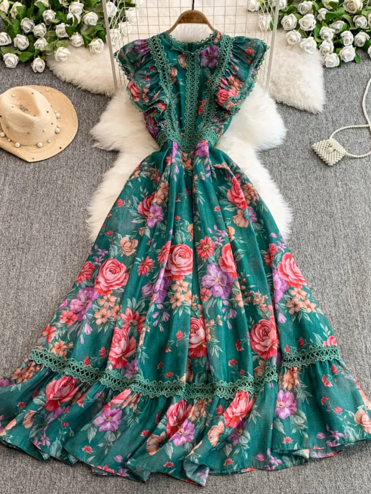

Ele Lace Print Maxi Dr Women's High Waist Gathered Waist Floral Commute Korean Sle Summer Dr