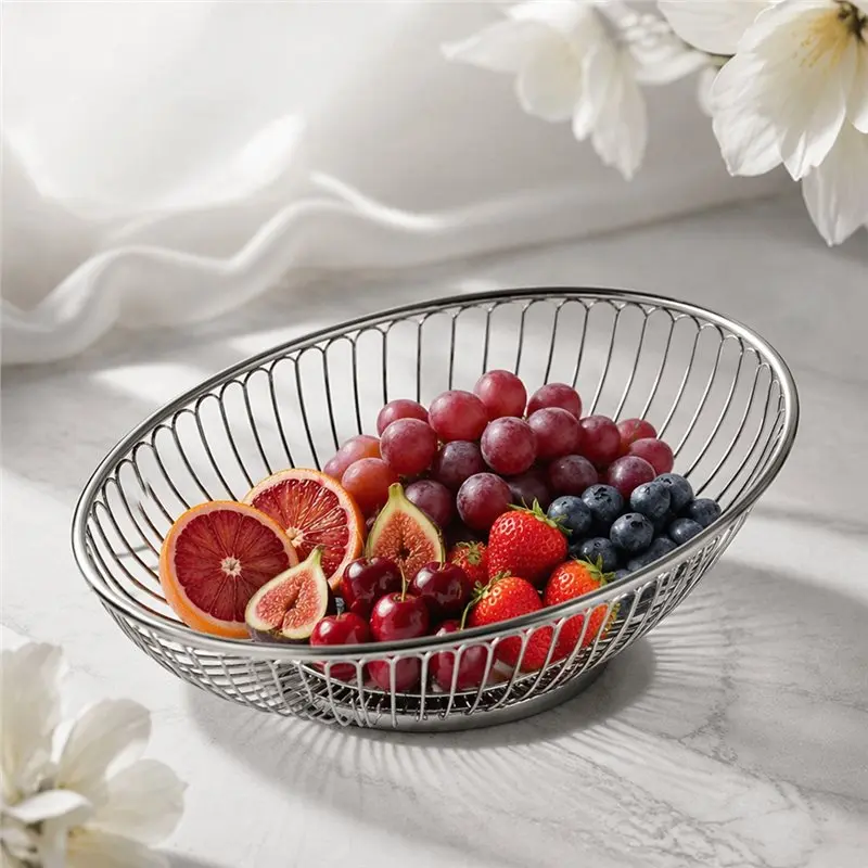 ABKS-Metal Bowl Vegetable Holder Decorative Stand Bread, Snacks, Households Items Storage Stainless Steel Bread Basket