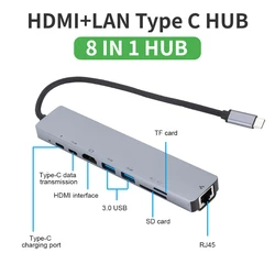 4in 1/8in 1 Type C Hub For Laptop Adapter PC PD Charge 8 Ports Dock Station RJ45 HDMI-4K TF/SD Card For Macbook USB 3.0 Splitter