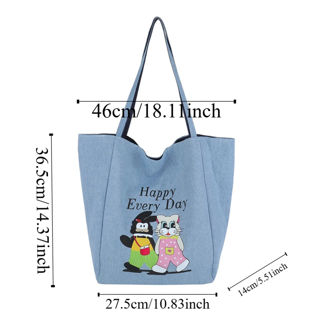 Borsa tote bifacciale con animali dei cartoni animati Borsa a tracolla leggera Borsa blu denim Borsa versatile in tela da donna in poliestere Primavera
