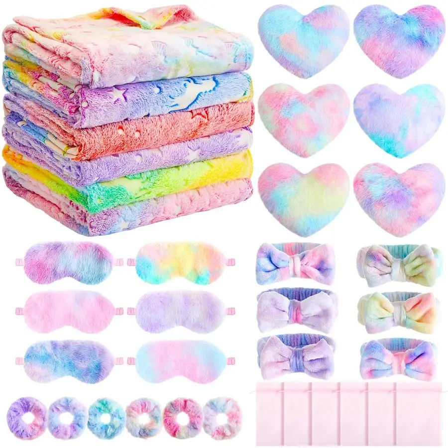

36 Pcs Sleepover Party Supplies for Girl Spa Slumber Birthday Favors Throw Blanket Pillow Eye Mask Headband Scrunchies Tie Dye,V
