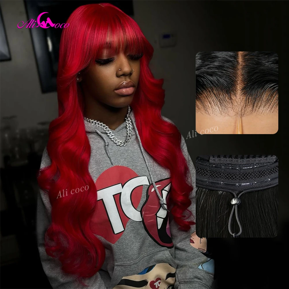 Upgrade 200 Density 99J Red Color 13x4 Lace Front Human Hair Wig with Bangs Pre Cut 13x6 Drawstring Glueless Straight HairWig