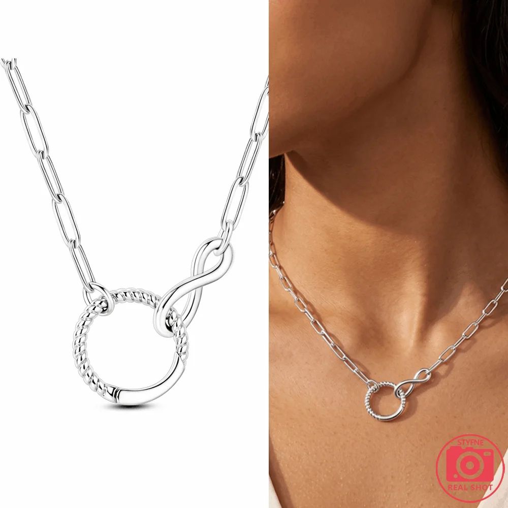 Original 925 Sterling Silver Women Jewelry Exquisite Necklace Colored Zirconia Minimalist Infinity Interlocking Circle Necklace