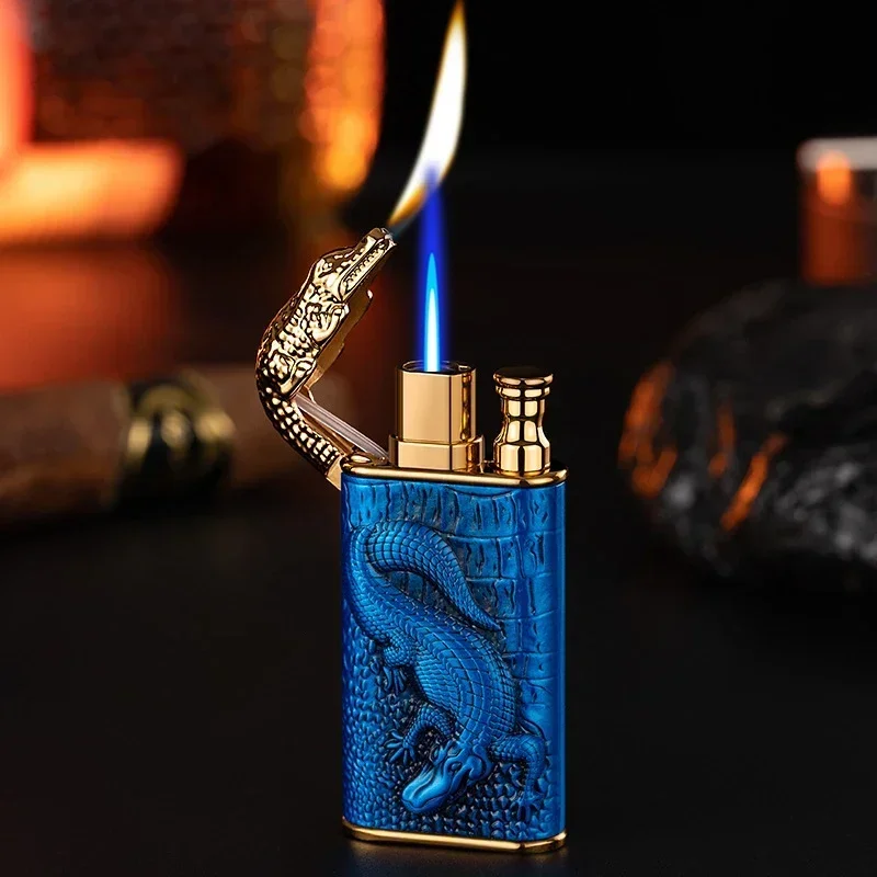 2023 3D Relief Dragon Crocodile Double Fire Lighter Metal Windproof Jet Fire Open Fire Conversion Gas Lighter Smoking Men\'s Gift