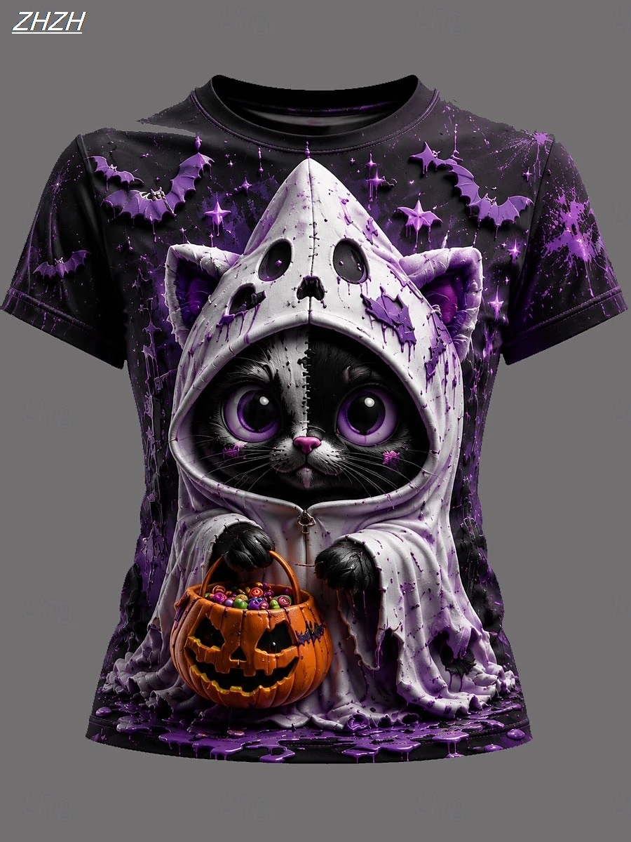 Halloween Women's T Shirt Print Graphic Pumpkin Witch Vintage Stylish Casual Short Sleeve Crew Neck Regular Tops Casual Weekend